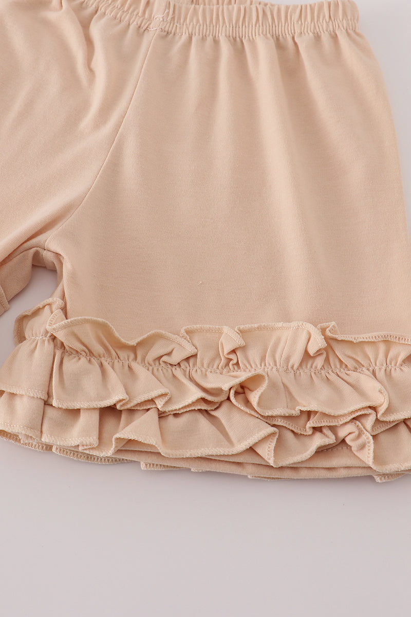 Beige french knot ruffle shorts set