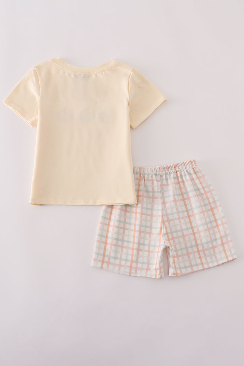 Neutral plaid french knot shorts set