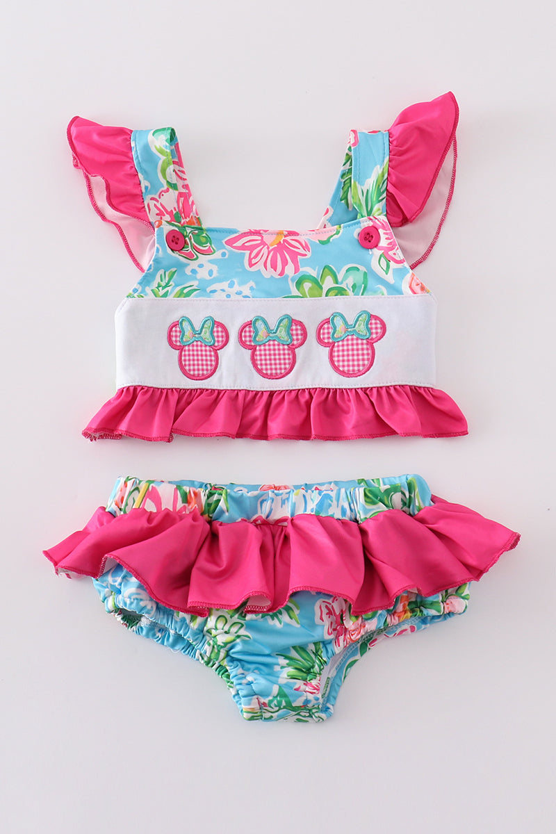 Pink floral character applique 2pc girl swimsuit