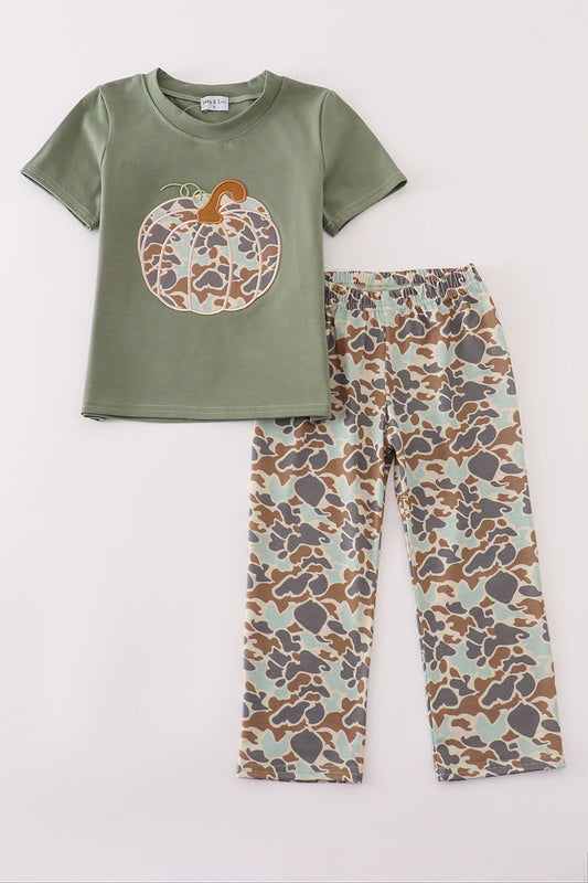 Camouflage print pumpkin applique pants set