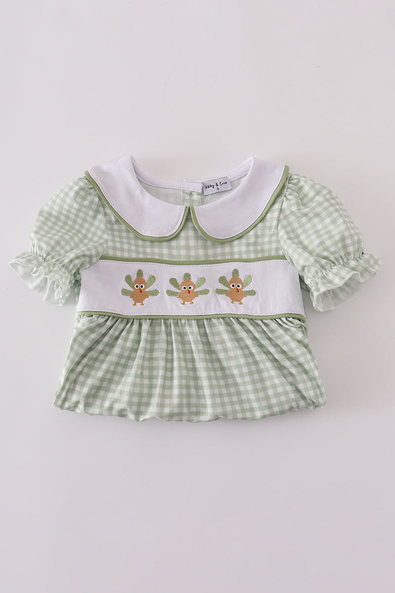 Sage turkey embroidery gingham pants set