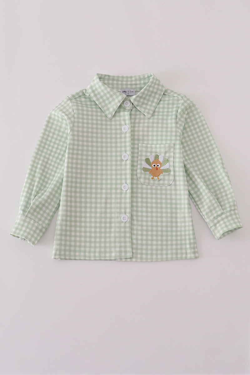 Sage turkey embroidery gingham button down shirt