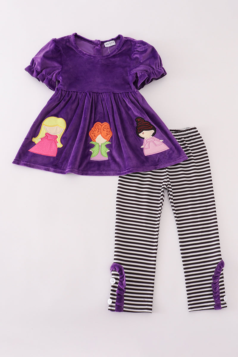 Purple Halloween witch applique velvet pants set
