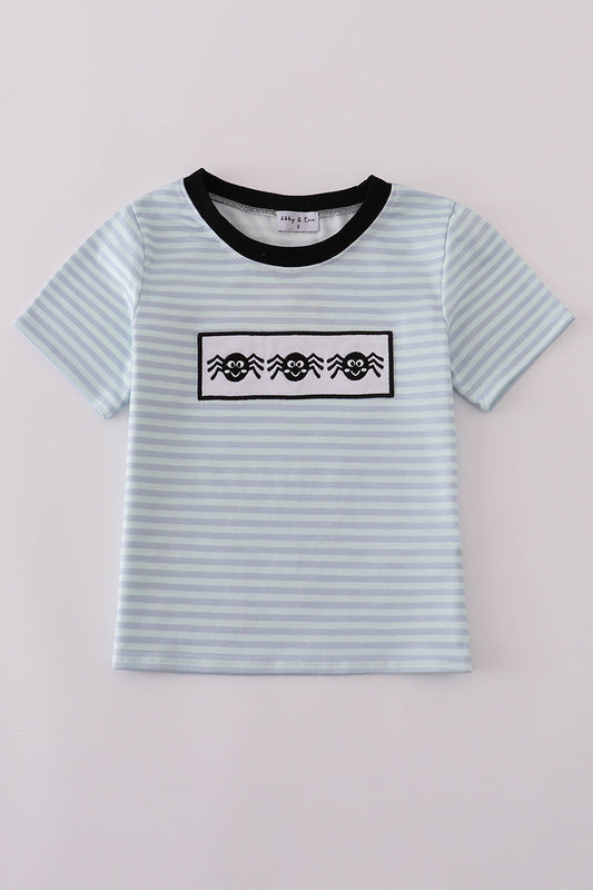 Blue Halloween spider embroidery stripe top