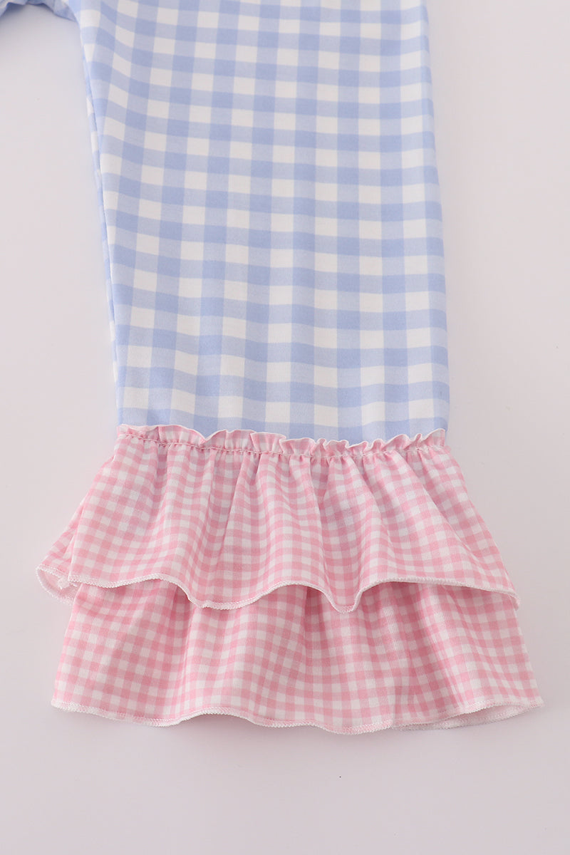 Blue floral pumpkin embroidery ruffle pants set