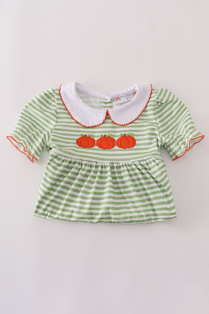 Green stripe embroidery dress