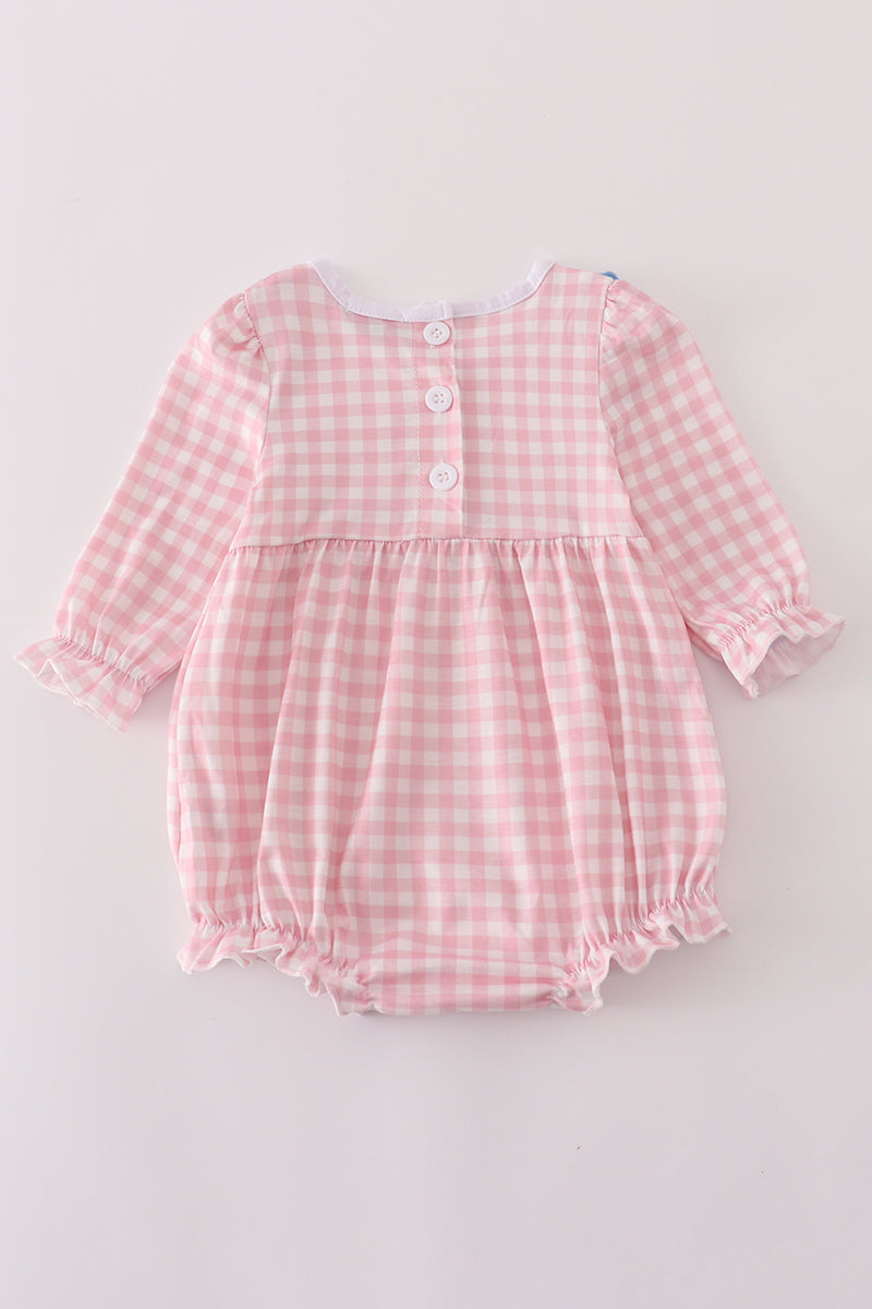 Pink princess castle embroidery gingham bubble