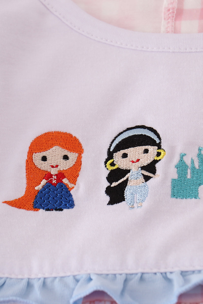 Pink princess castle embroidery gingham bloomer set