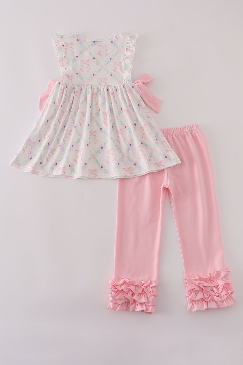 Pink floral bow print ruffle pants set