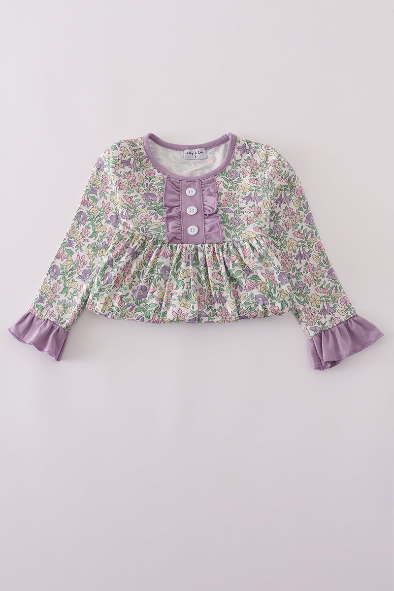 Purple floral print ruffle dress