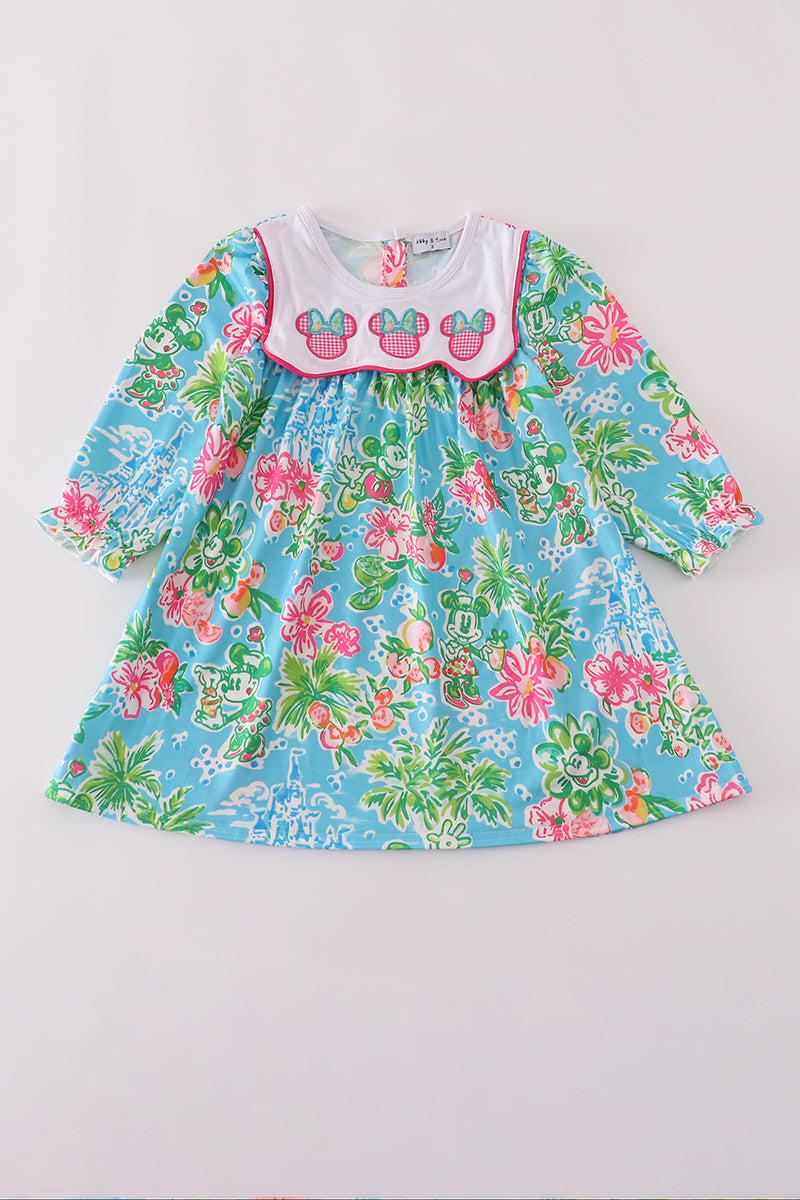 Green floral character applique dress