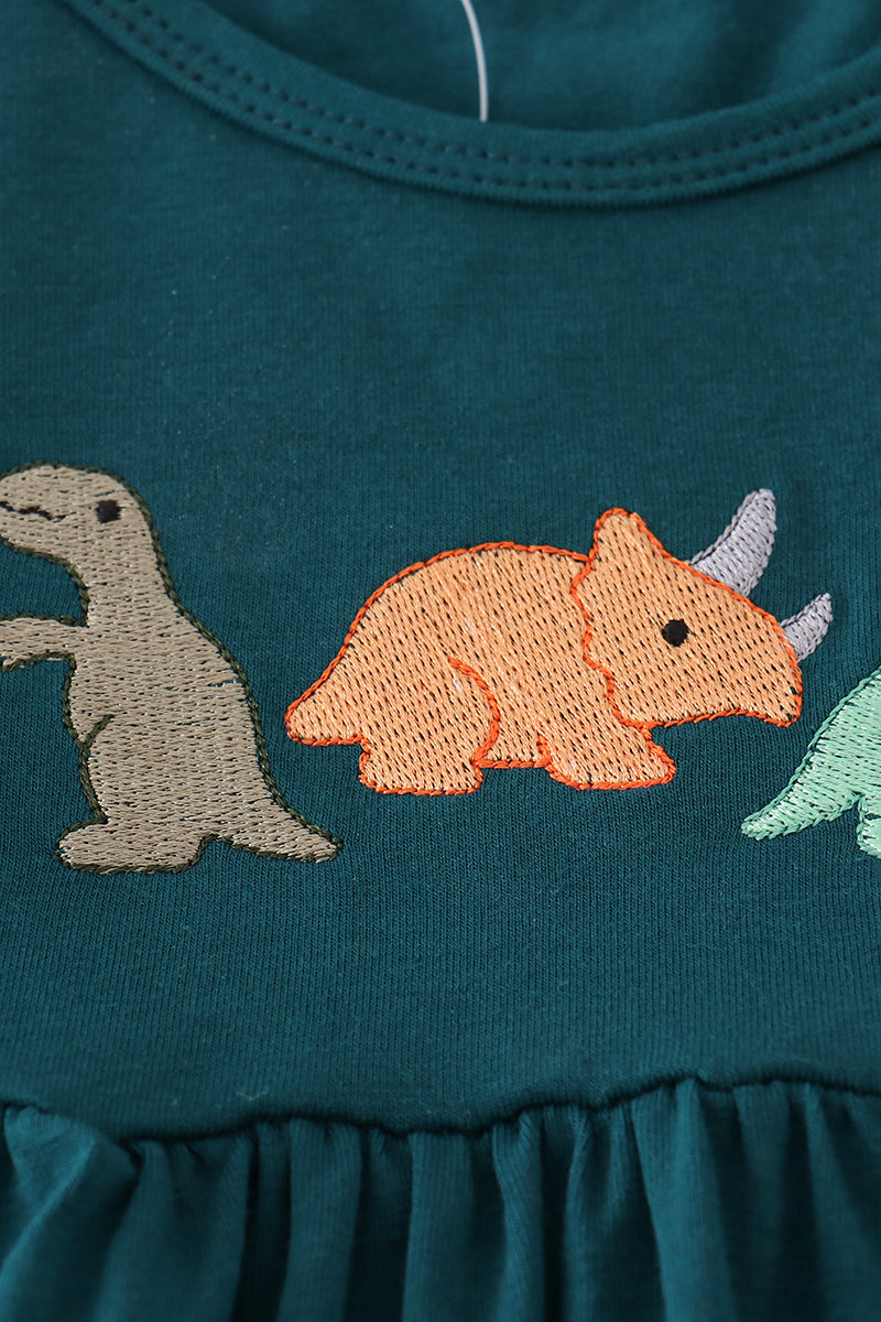 Blue dinosaur embroidery plaid ruffle pants set