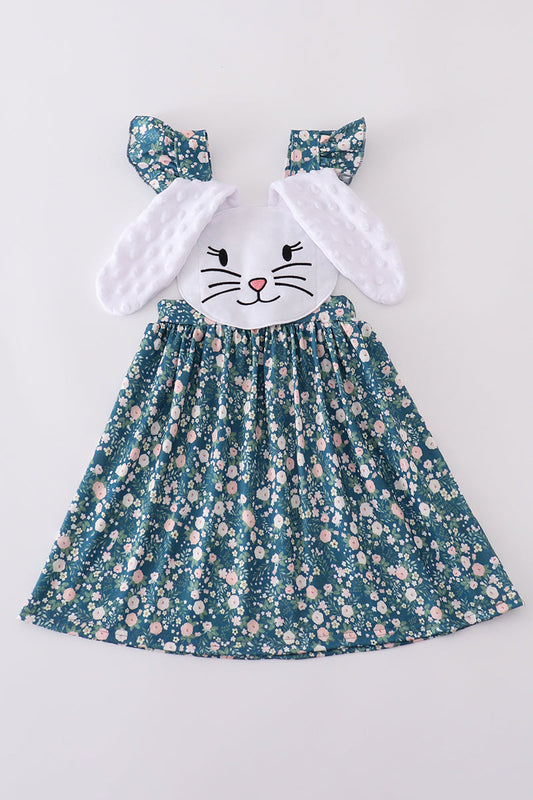Green floral bunny applique dress