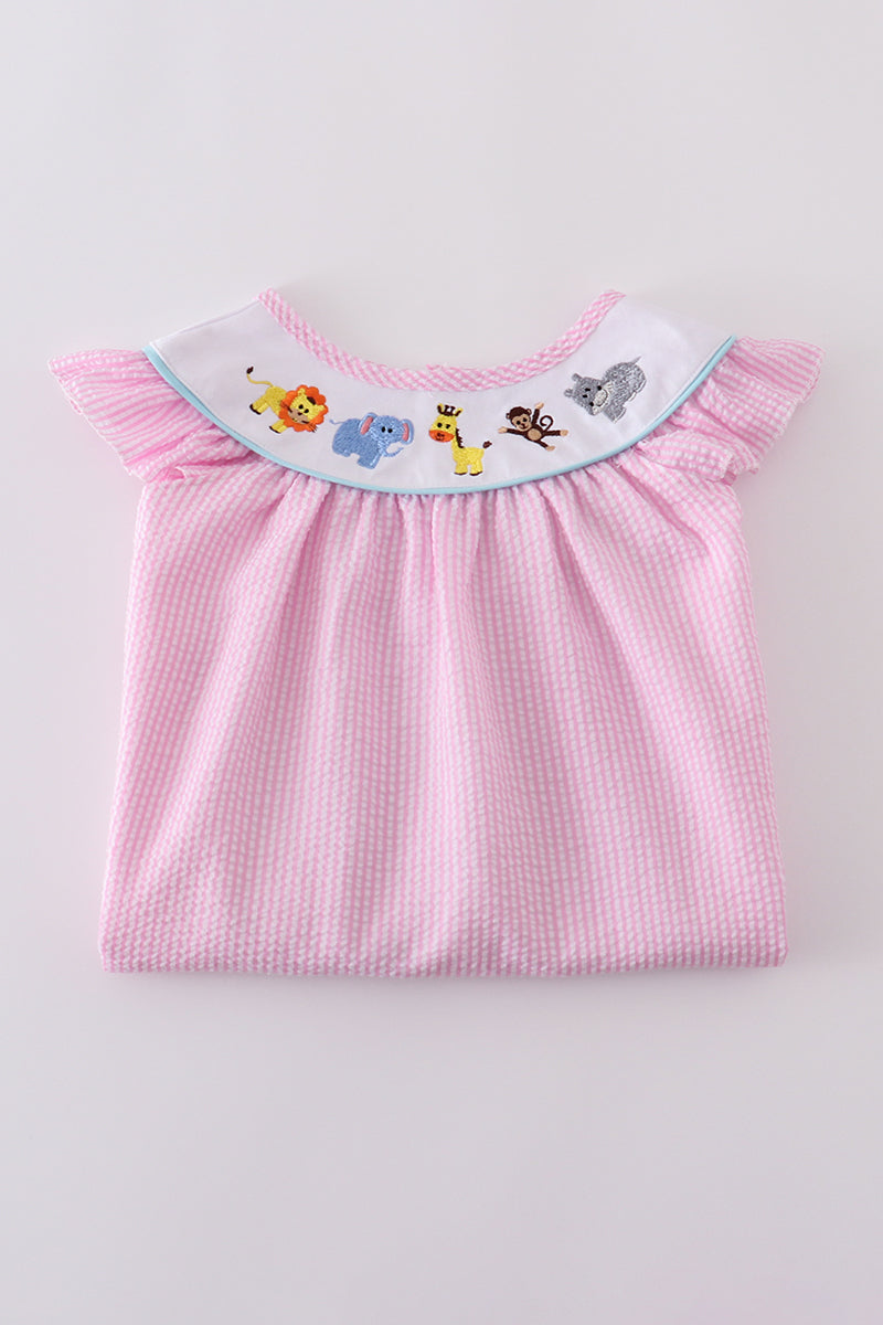 Pink seersucker animal embroidery dress