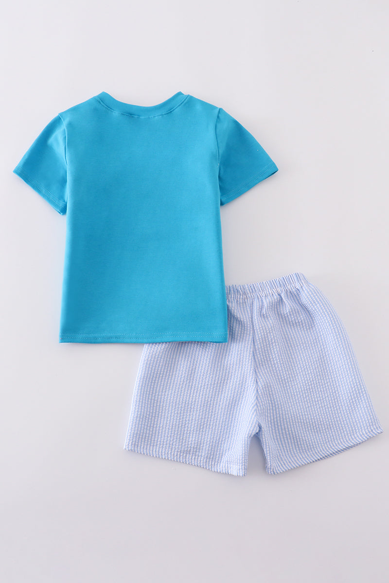 Blue seersucker animal embroidery set