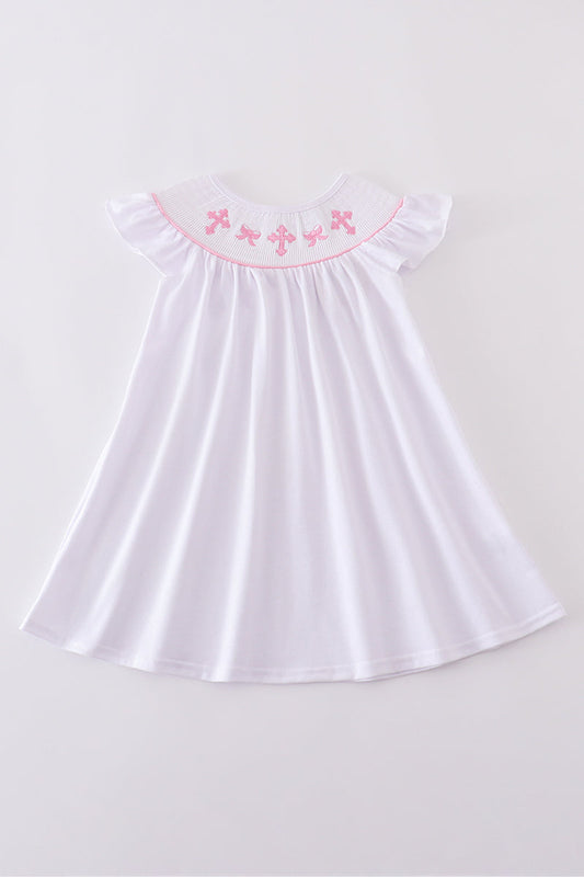 Pink cross embroider smocked dress