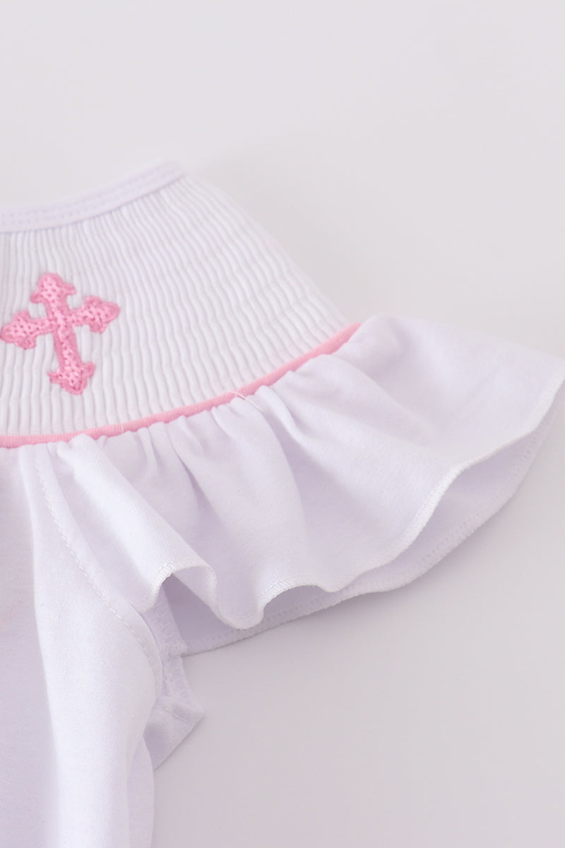 Pink cross embroider smocked dress