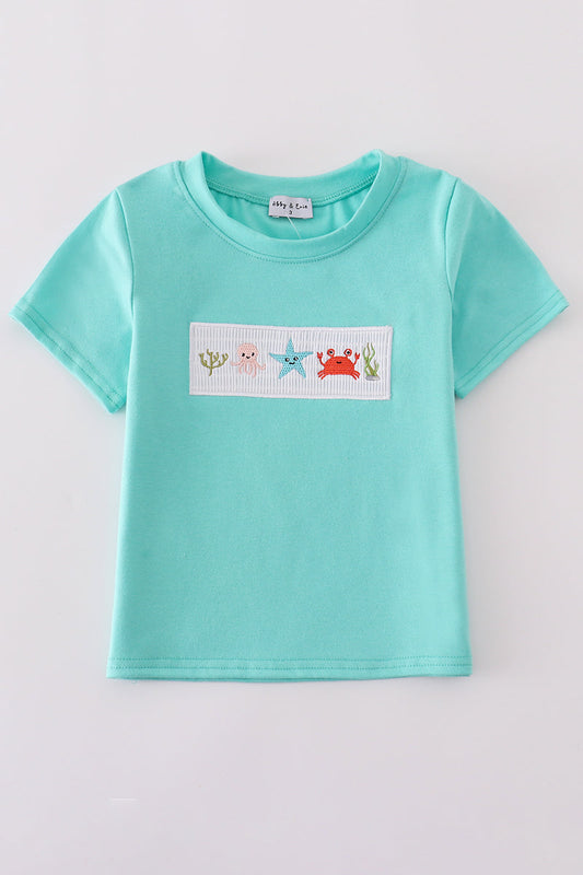 Blue marine creature embroidery smocked top