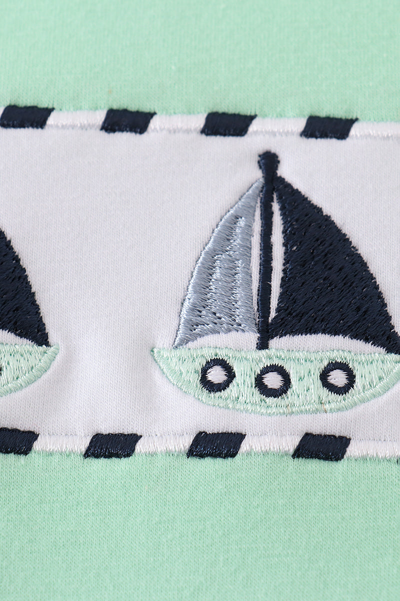 Green seersucker sailboat embroidery top