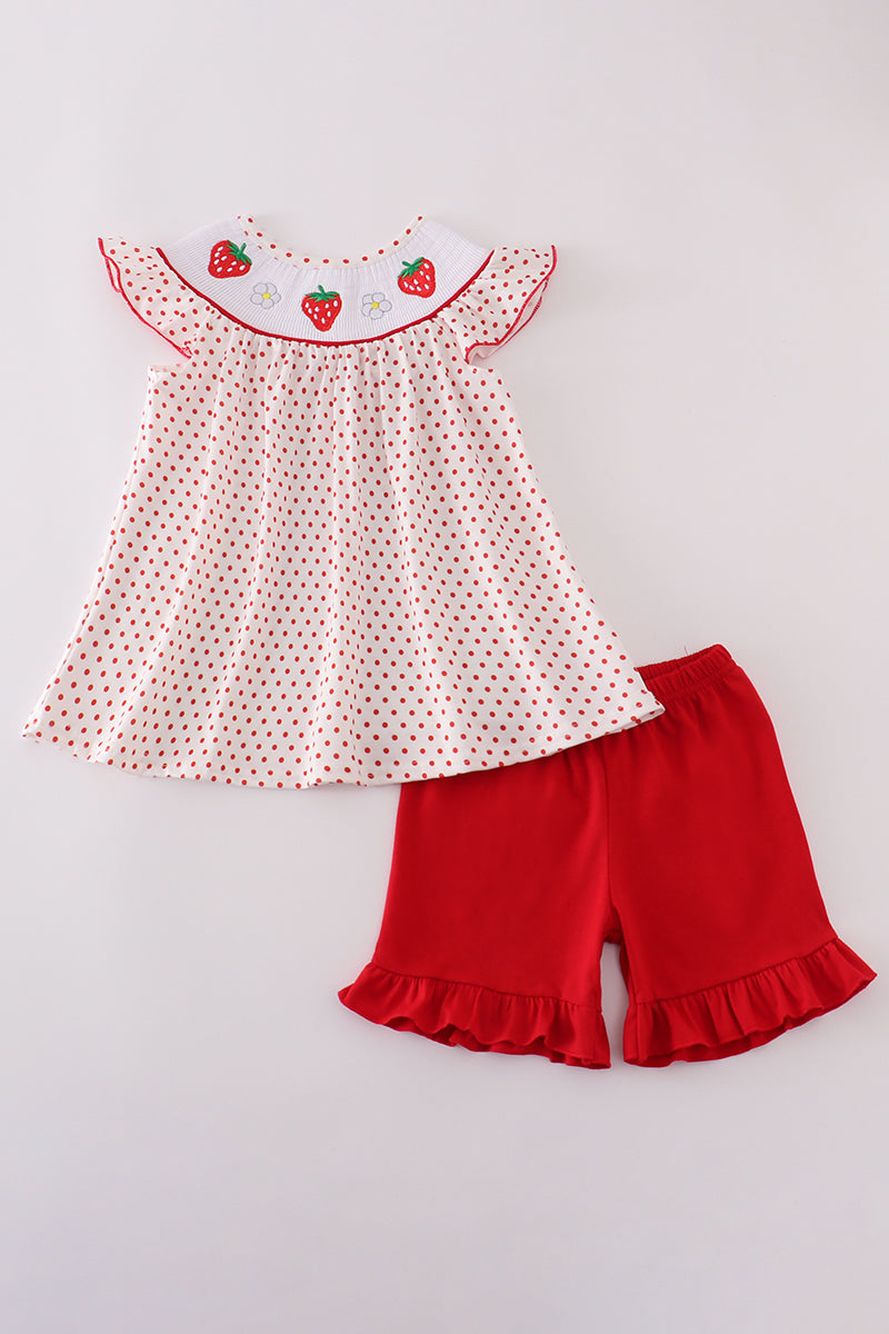 Red dot strawberry embroidery smocked shorts set