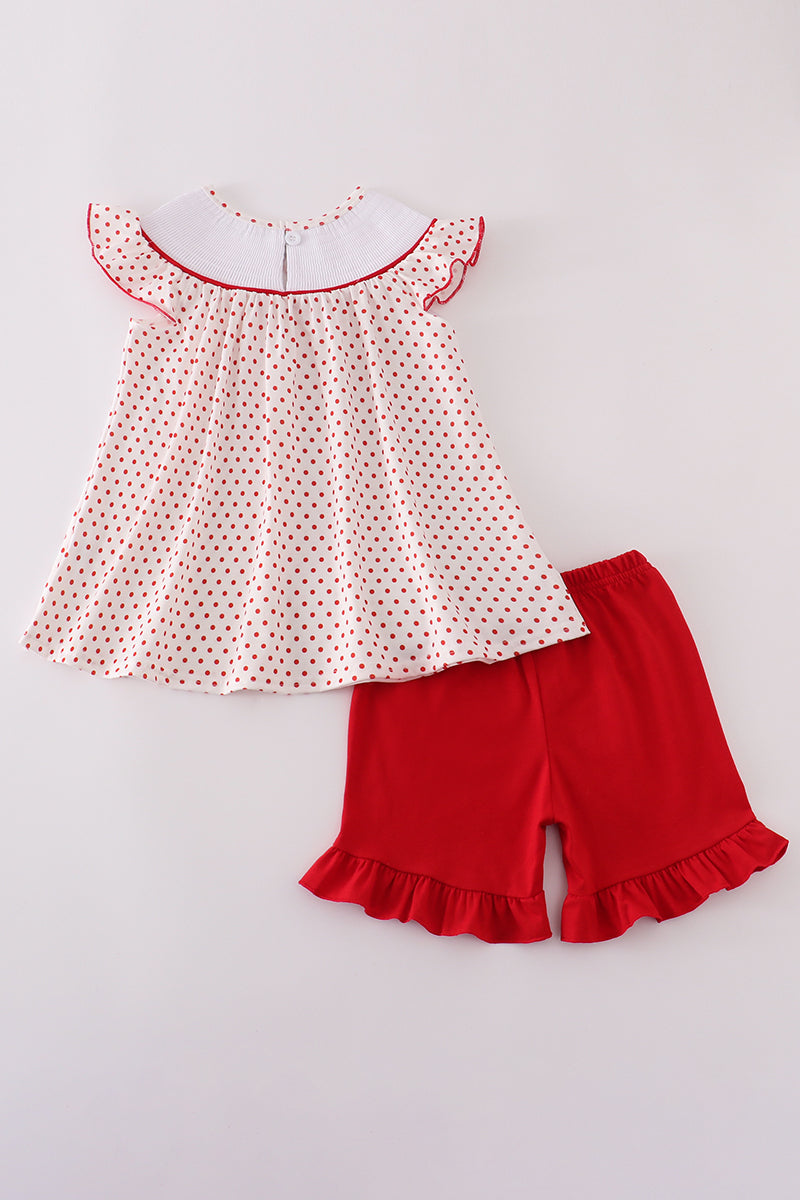 Red dot strawberry embroidery smocked shorts set