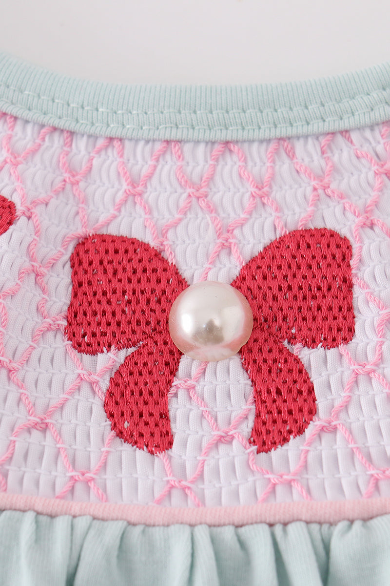 Blue bow pearl smocked dress