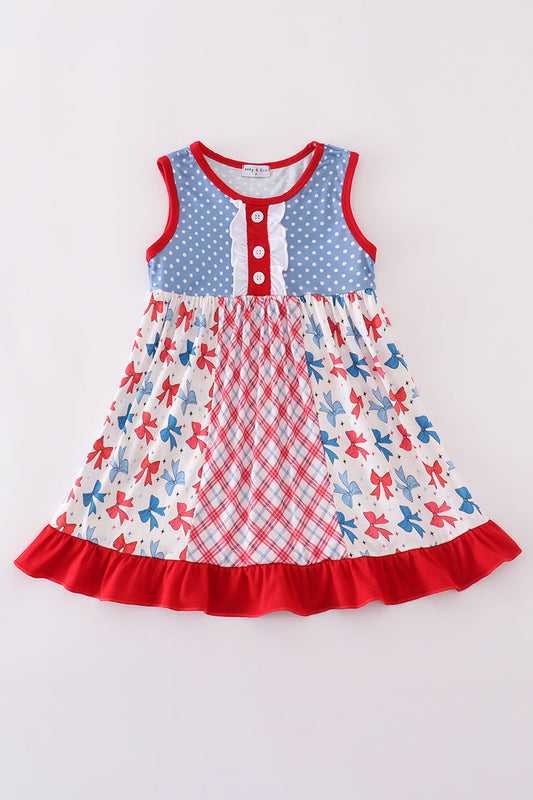 Blue bow print ruffle dress