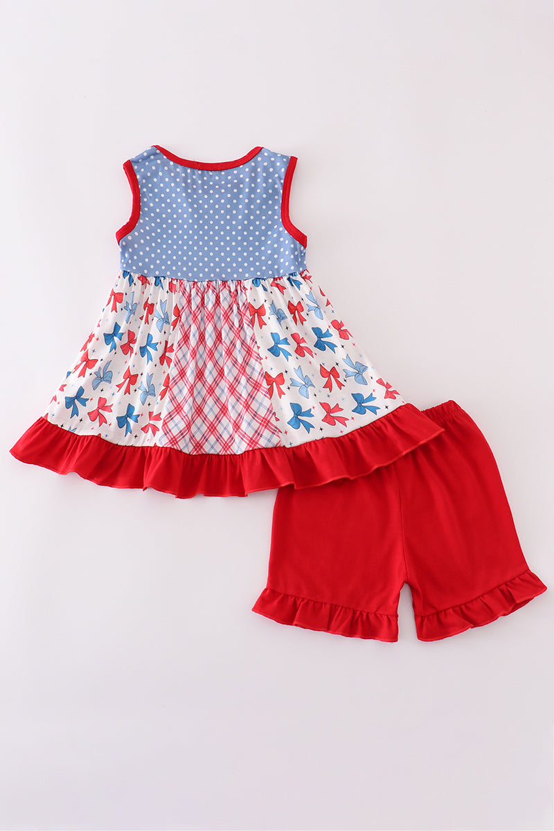 Blue bow print ruffle shorts set
