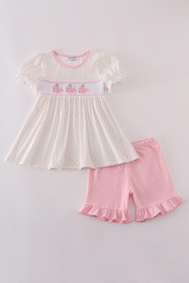 Pink whale embroidery smocked ruffle shorts set