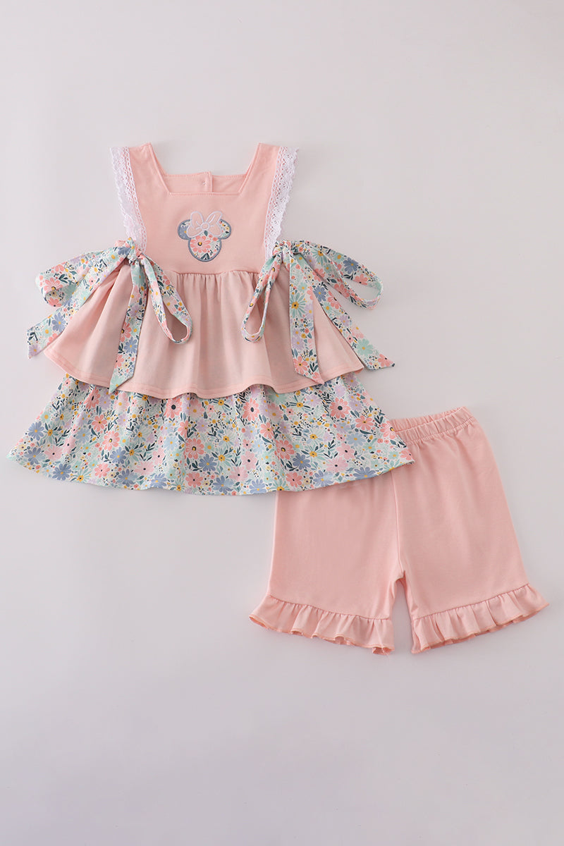Pink floral character applique ruffle shorts set