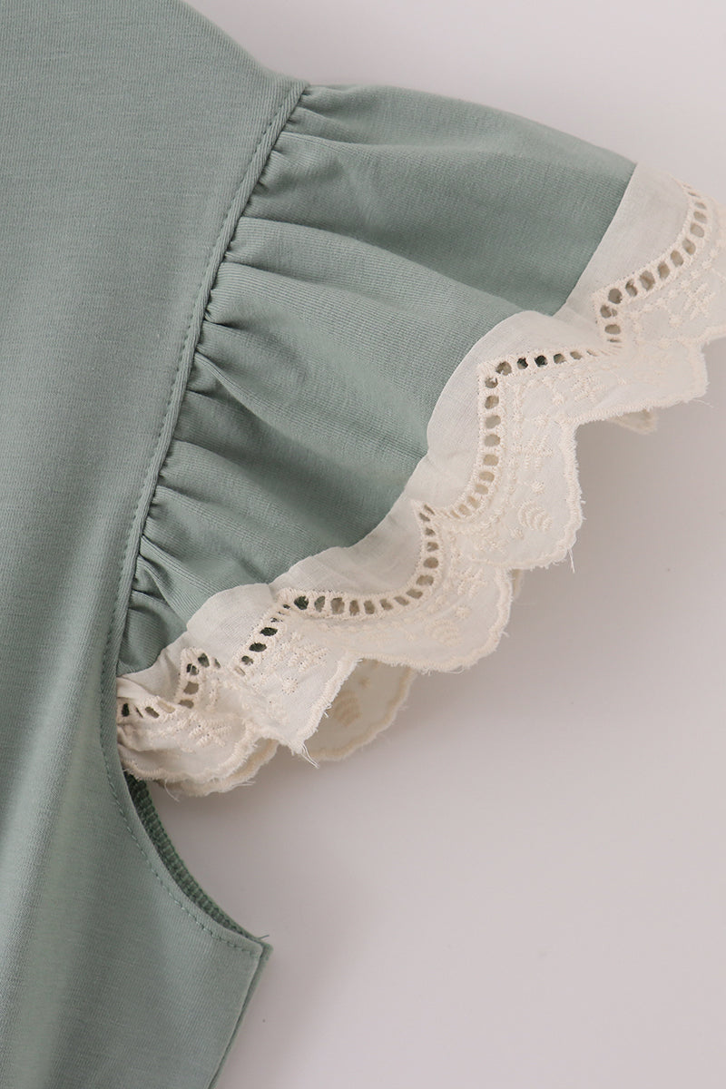 Sage lace ruffle mom dress