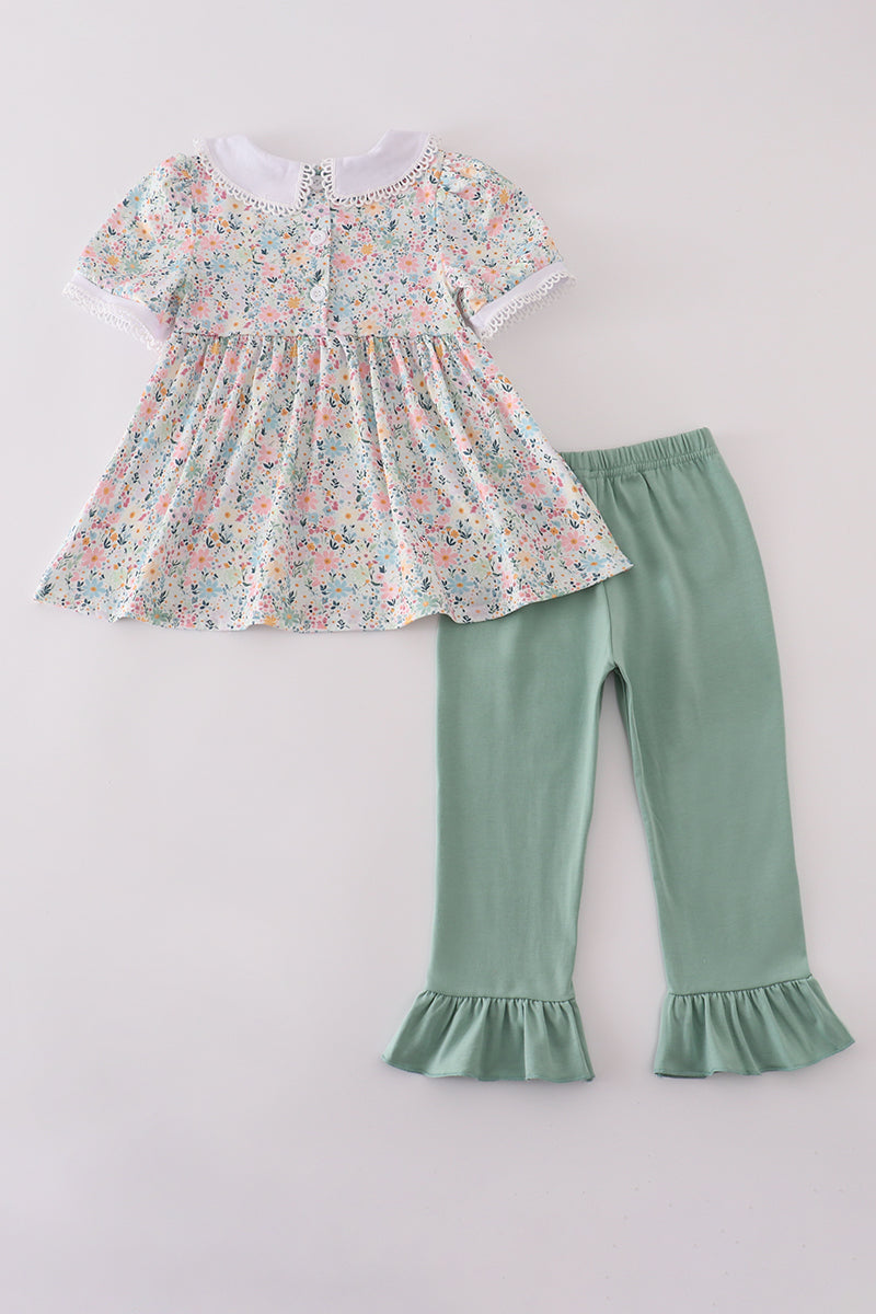Green floral pumpkin embroidery smocked ruffle pants set