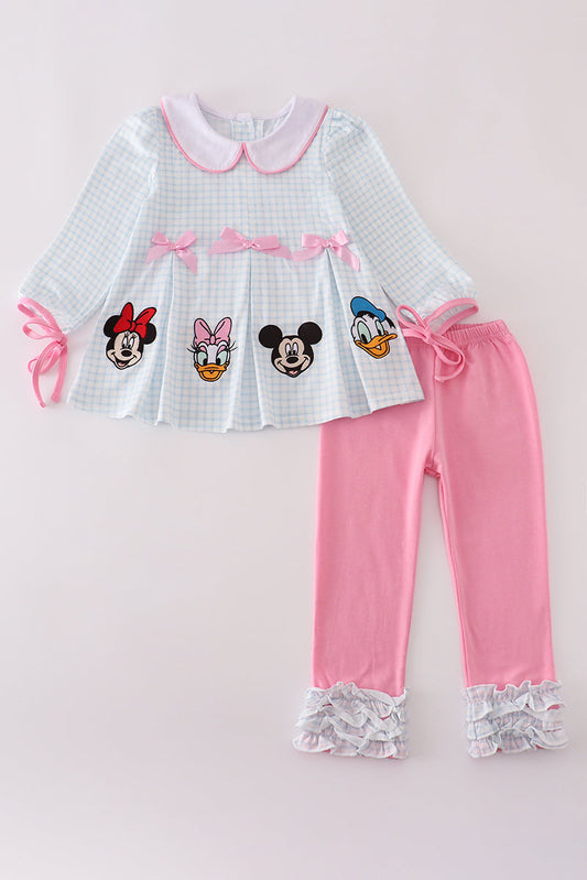 Pink character embroidery ruffle pants set
