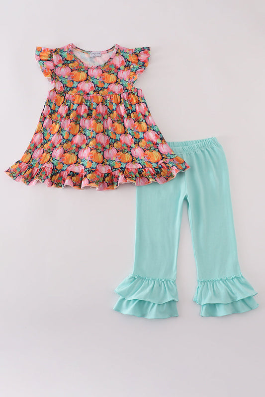 Pink pumpkin print ruffle pants set