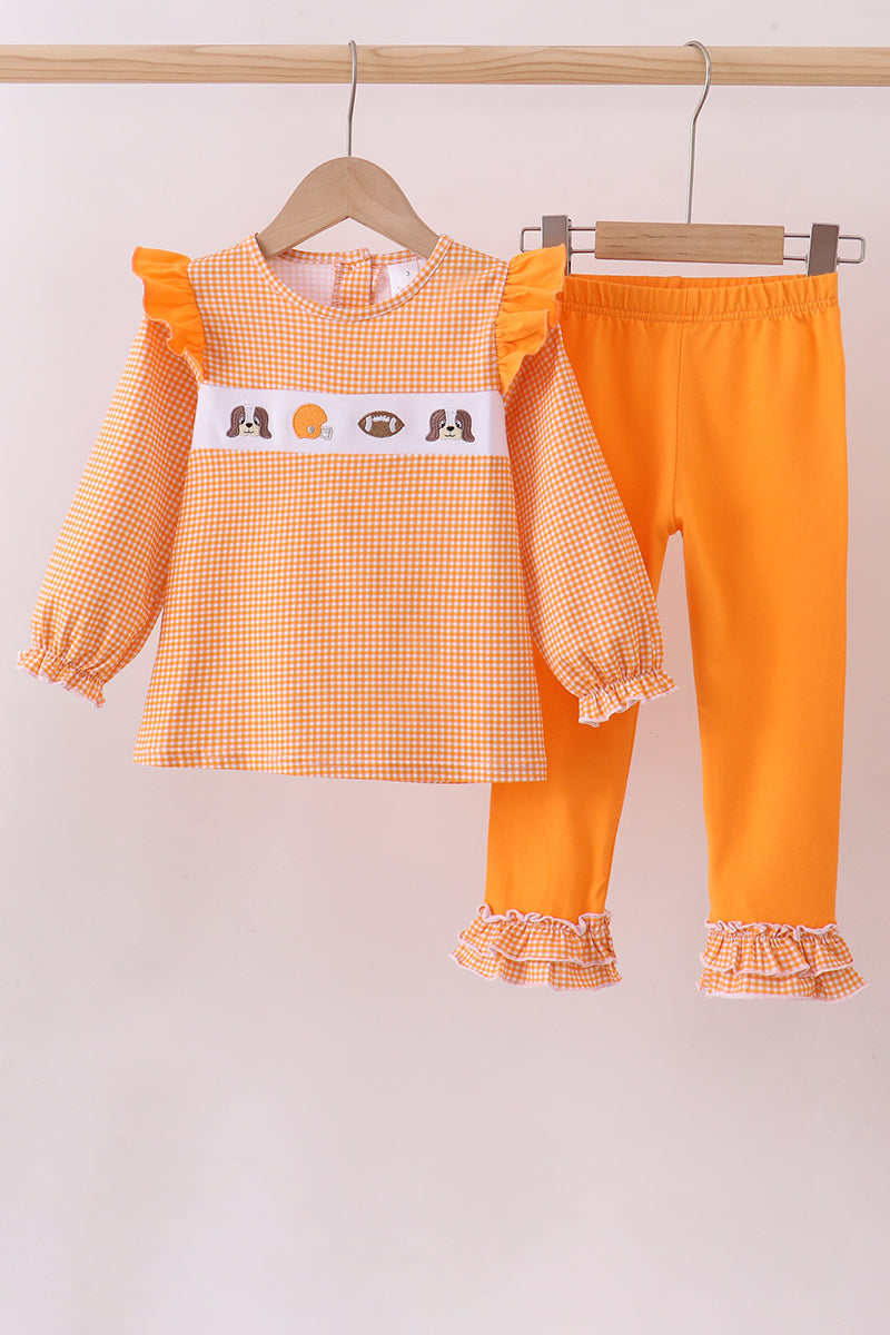Premium Orange Tennessee puppy football embroidery ruffle pants set