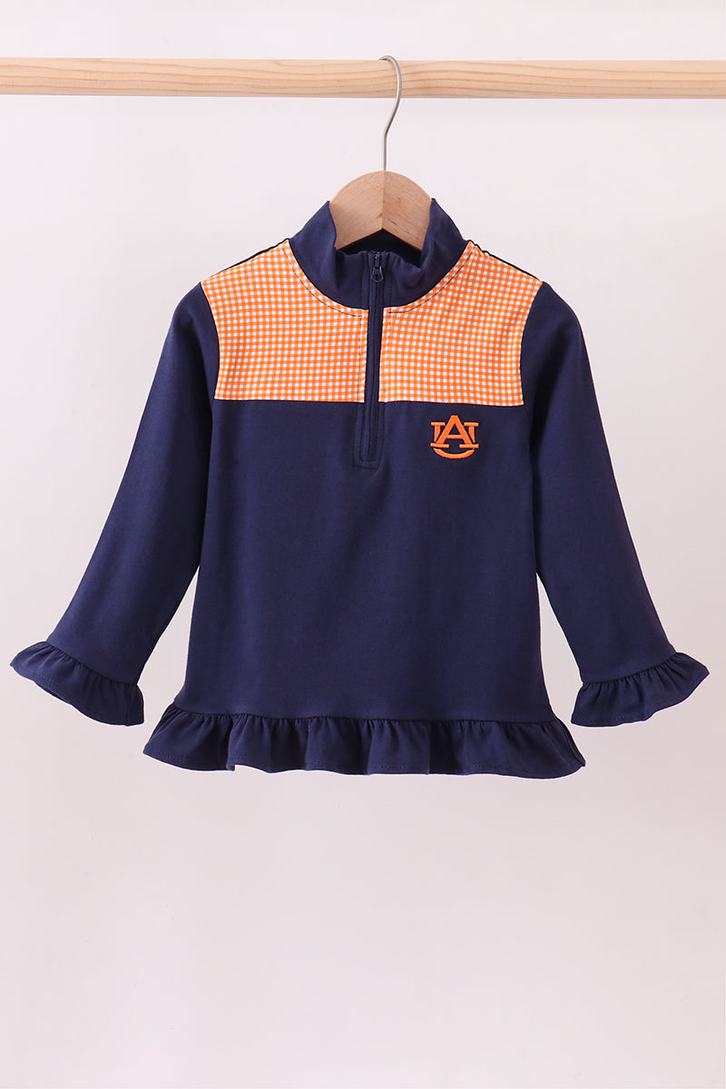 Premium Navy Auburn embroidery ruffle top
