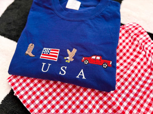 Blue Embroidered USA Tee