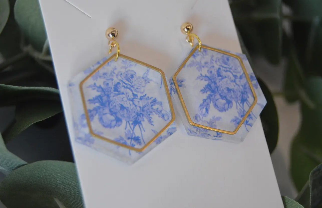 Blue Chinoiserie Drop Gold Earrings