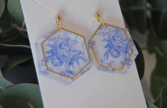 Blue Chinoiserie Drop Gold Earrings