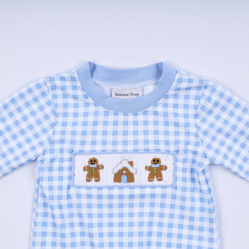 Blue gingerbread hand smocked gingham romper