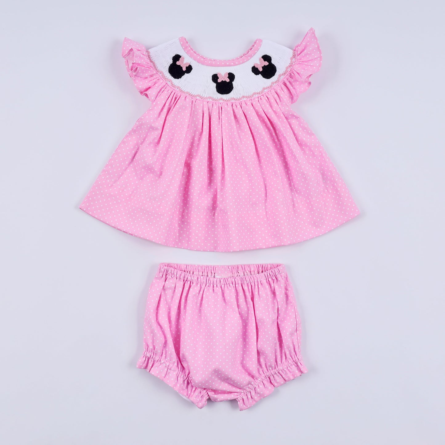 Pink character hand smocked dot ruffle bloomer set