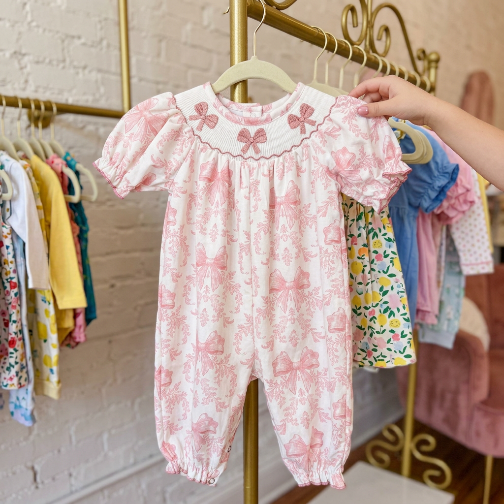 Smocked Bow Romper / With Snaps