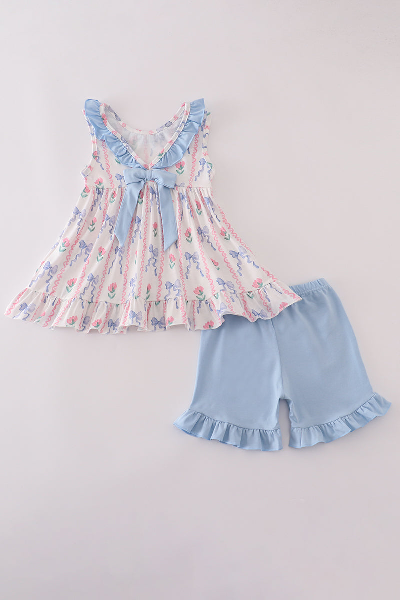 Blue floral bow ruffle shorts set
