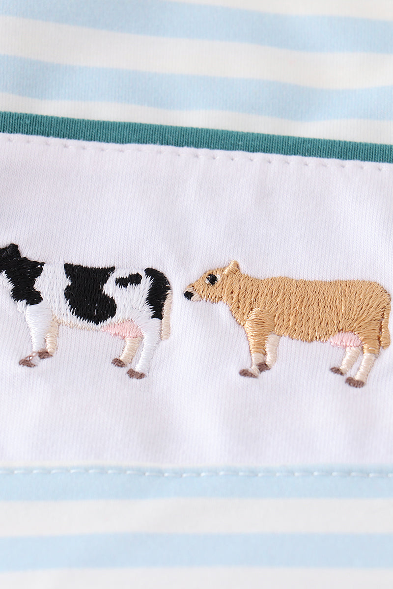 Blue stripe cow embroidery dress