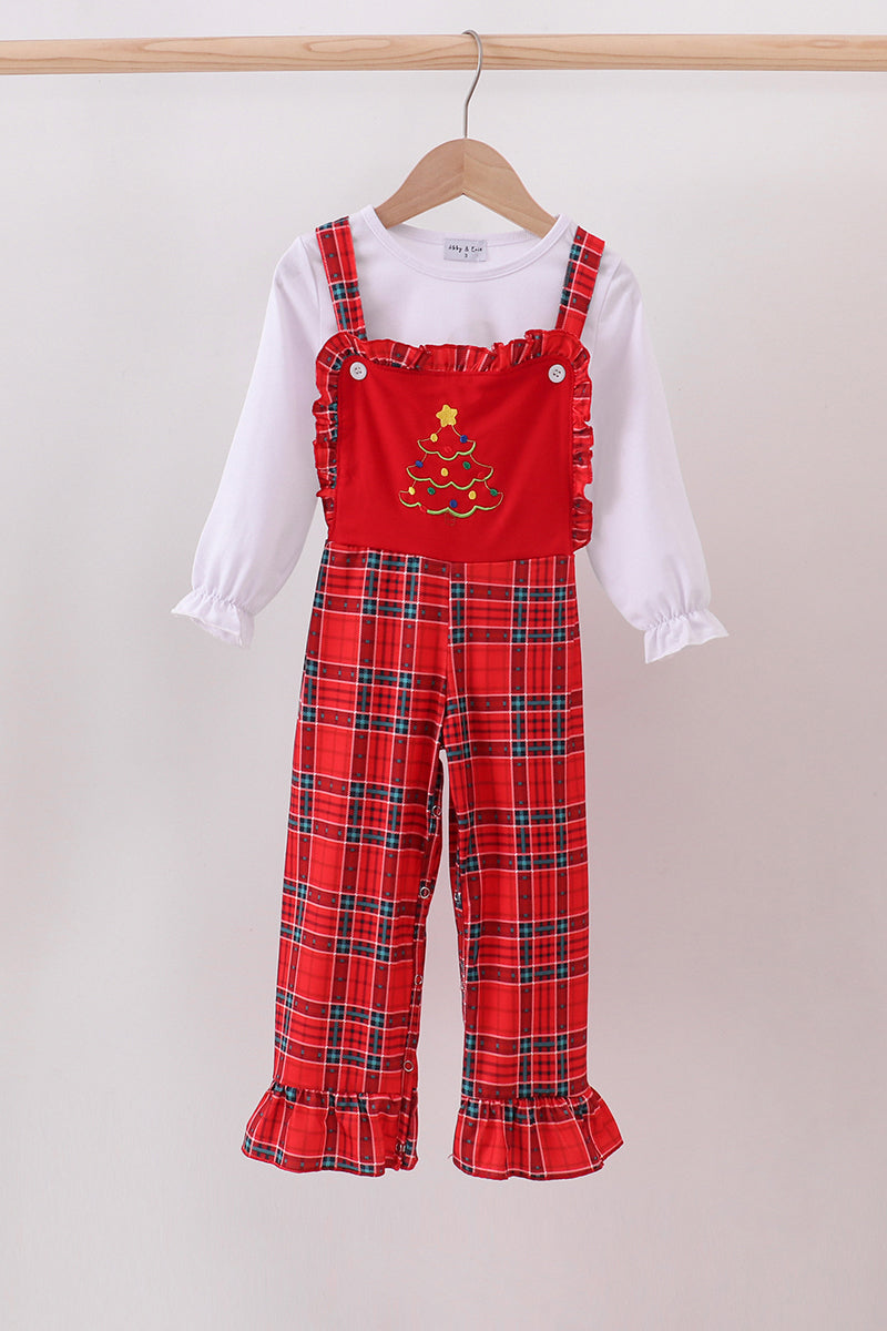 Red tree embroidery plaid ruffle jumpsuit set