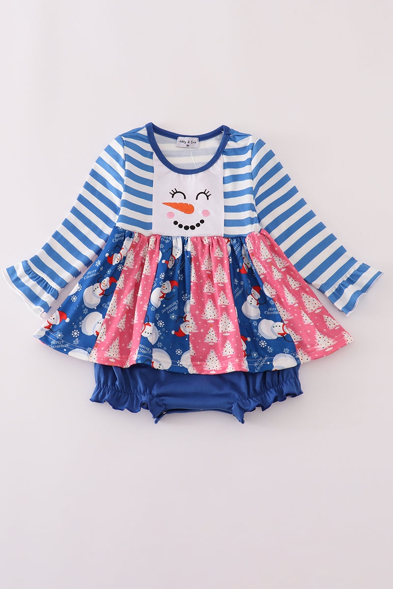 Blue snowman embroidery ruffle bubble