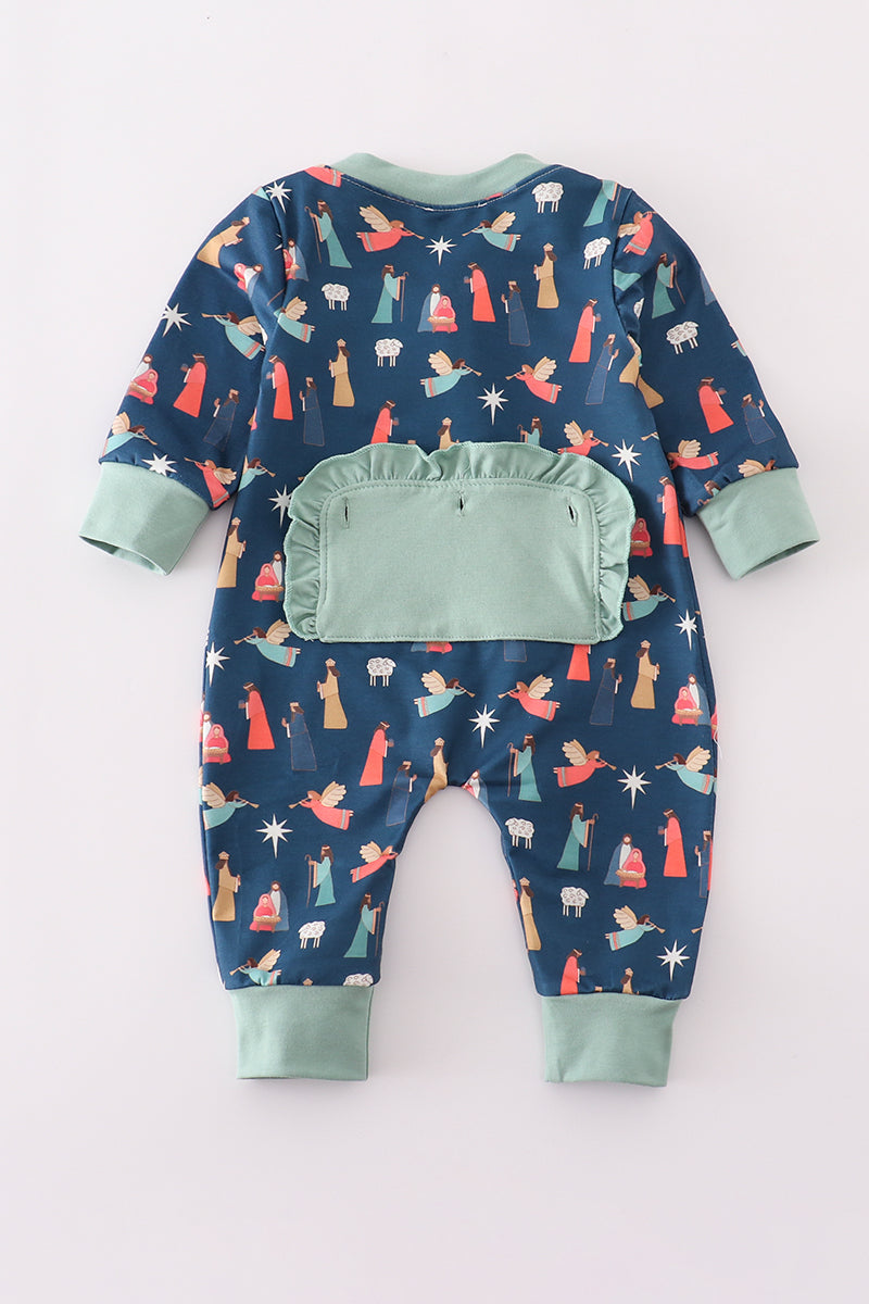 Navy nativity print ruffle romper