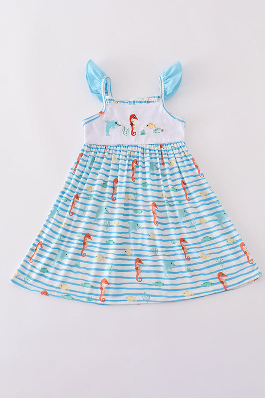 Blue marine creature embroidery dress