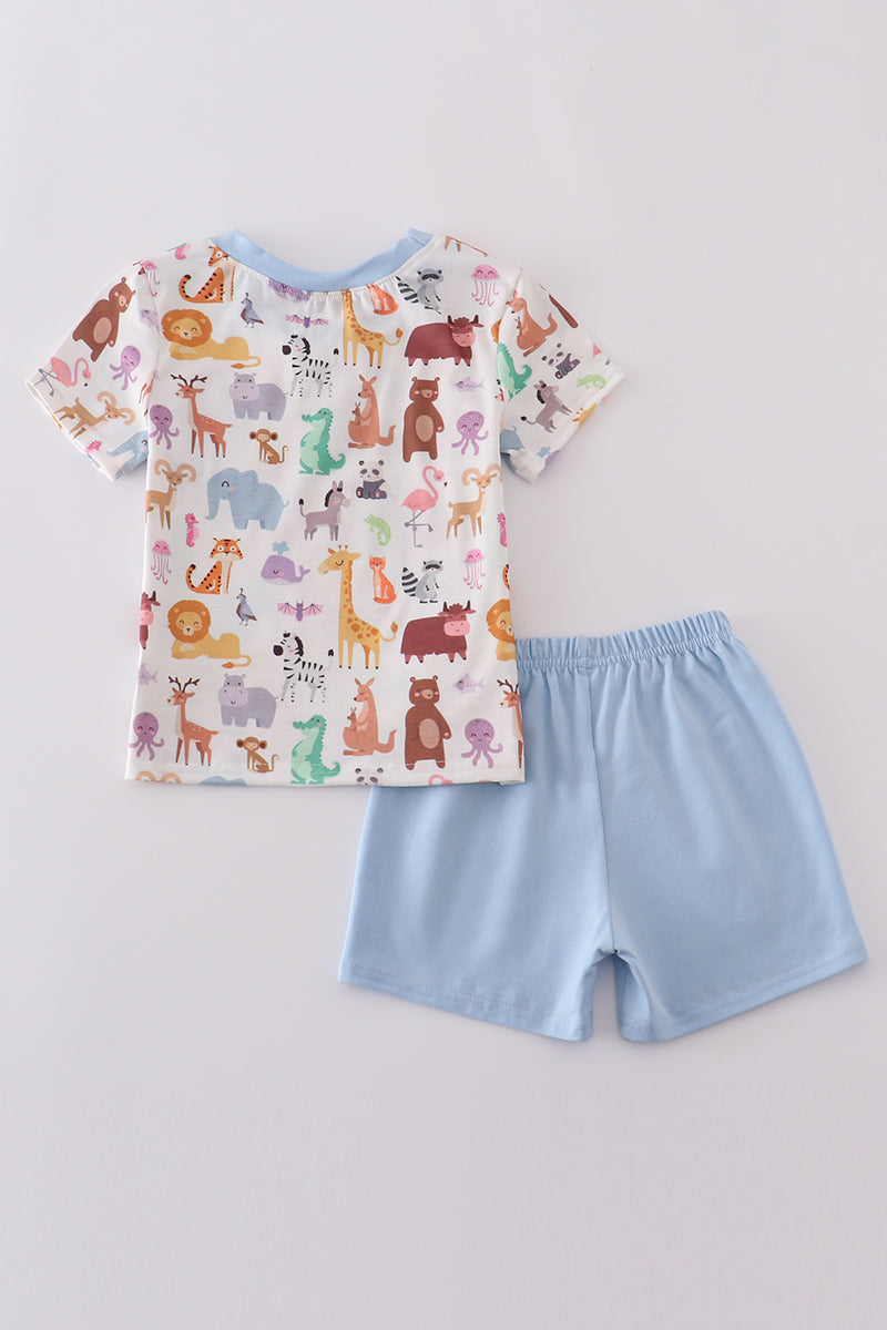 Blue zoo animals print shorts set