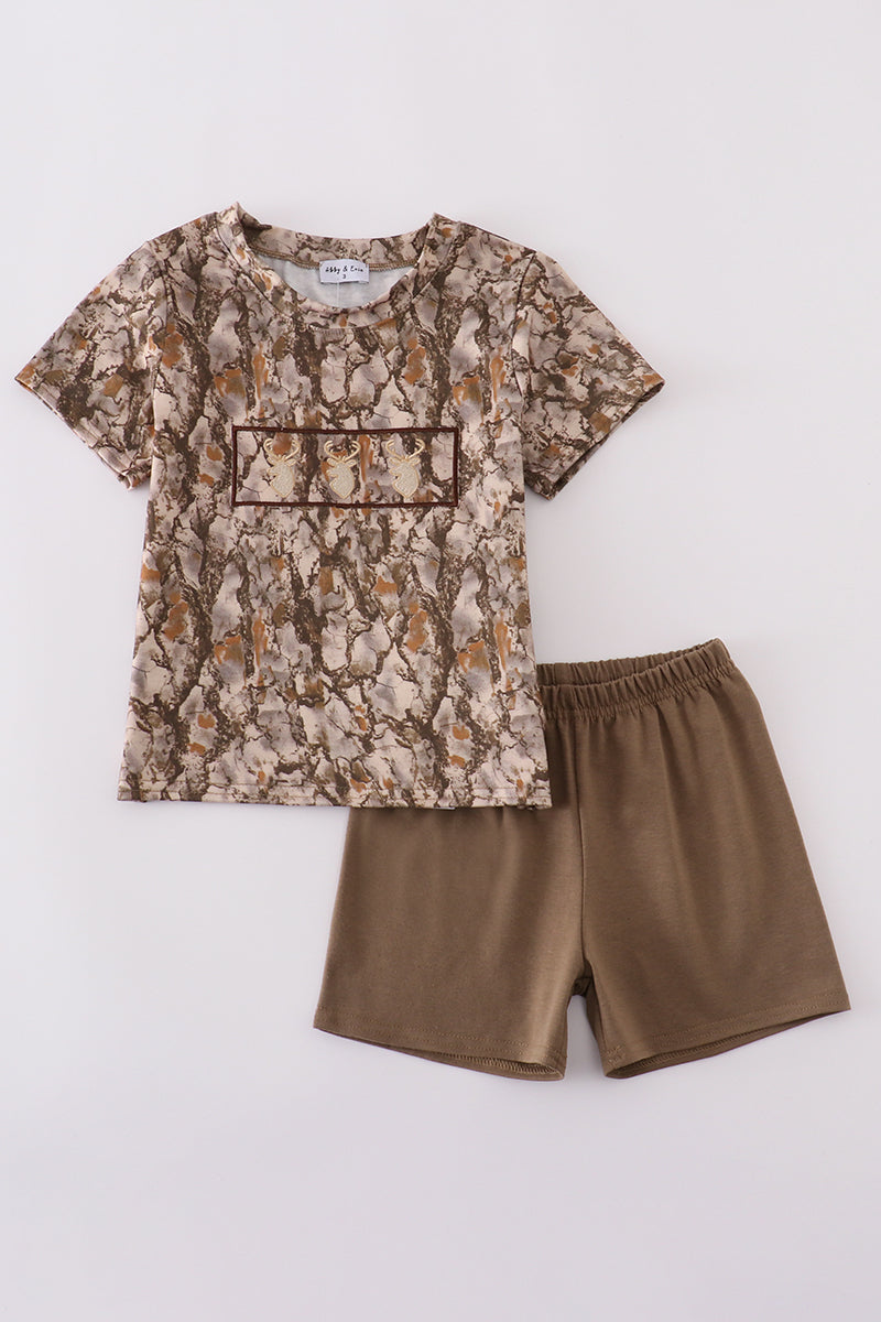 Brown three deers embroidery shorts set